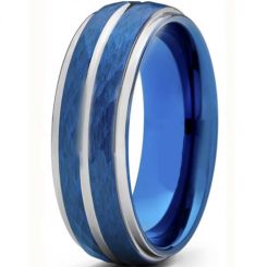 *COI Titanium Blue Silver Hammered Sandblasted Center Groove Ring-6909BB