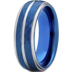 *COI Titanium Blue Silver Hammered Sandblasted Center Groove Ring-6909BB