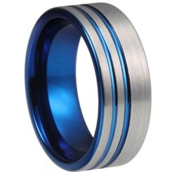 **COI Titanium Blue Silver Offset Double Grooves Pipe Cut Flat Ring-6932BB