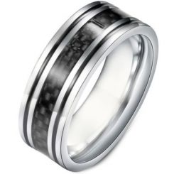 **COI Titanium Black Silver Double Grooves Ring With Carbon Fiber-6934BB