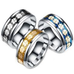 **COI Titanium Black/Gold Tone/Blue Silver Clover Floral Pattern Beveled Edges Ring-6968CC