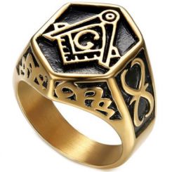 **COI Titanium Black Gold Tone Masonic Freemason Ring-6985BB