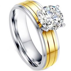 **COI Titanium Gold Tone Silver Solitaire Ring With Cubic Zirconia-7005BB