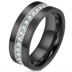 **COI Titanium Black/Silver Pipe Cut Flat Ring With Cubic Zirconia-7027BB