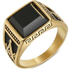 **COI Titanium Gold Tone Black Masonic Freemason Ring With Black Onyx-7030BB