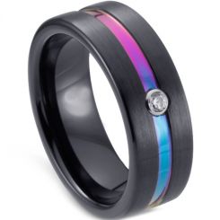 **COI Black Tungsten Carbide Rainbow Pride Center Groove Pipe Cut Flat Ring-7057DD