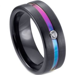 **COI Black Tungsten Carbide Rainbow Pride Center Groove Pipe Cut Flat Ring-7057DD