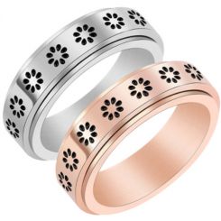 **COI Titanium Black Silver/Rose Step Edges Rotating Ring With Floral-7063AA