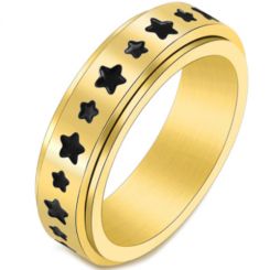 **COI Titanium Black Gold Tone/Rose/Silver Step Edges Rotating Ring With Stars-7064AA