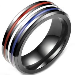 **COI Black Titanium Beveled Edges Ring With Blue Red White Resin-7080BB