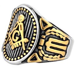 **COI Titanium Gold Tone Black Masonic Freemason Signet Ring-7084CC