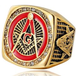 **COI Titanium Gold Tone Black Red Masonic Freemason Ring With Cubic Zirconia-7086CC