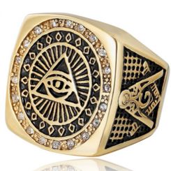 **COI Titanium Gold Tone Black Masonic Freemason Ring With Cubic Zirconia-7087CC