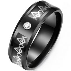 **COI Black Titanium Masonic Beveled Edges Ring With Cubic Zirconia-7092BB