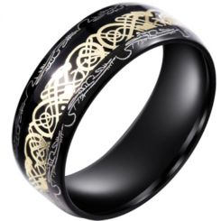 **COI Black Titanium Gold Tone Dragon Damascus Dome Court Ring With Blue/Black Carbon Fiber-7102BB