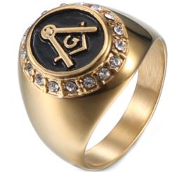 **COI Titanium Gold Tone Black Masonic Freemason Ring With Cubic Zirconia-7112AA