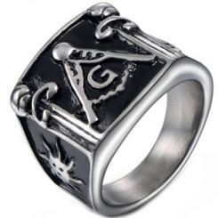 **COI Titanium Black Silver Masonic Freemason Ring-7114AA