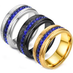 **COI Black/Gold Tone/Silver Titanium Step Edges Ring With Created Blue Sapphire-7131BB