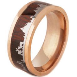 **COI Rose/Black Titanium Hunting Scene Pipe Cut Flat Ring With Wood-7133BB