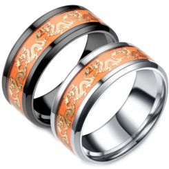 **COI Titanium Black/Silver Orange Dragon Beveled Edges Ring-7148BB