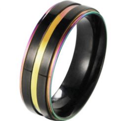 **COI Titanium Black Gold Tone Rainbow Pride Step Edges Ring-7174CC