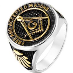 **COI Titanium Black Gold Tone Silver Masonic Freemason Ring-7175CC