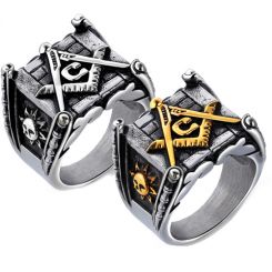 **COI Titanium Black Gold Tone/Silver Masonic Freemason Ring-7180BB