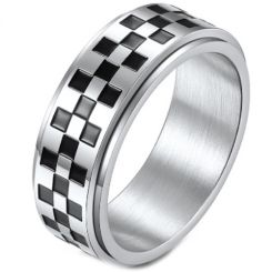 **COI Titanium Black Silver Checkered Flag Step Edges Ring-7267BB
