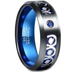 **COI Tungsten Carbide Black Blue Horseshoe & Clover Ring With Created Blue Sapphire-7286BB
