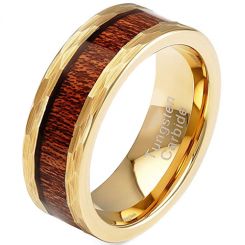 **COI Gold Tone Tungsten Carbide Hammered Ring With Wood-7319BB