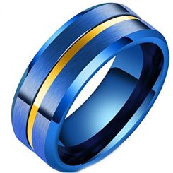 **COI Tungsten Carbide Blue Yellow Center Groove Beveled Edges Ring-7320BB
