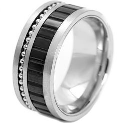 **COI Titanium Black Silver Grooves Ring-7356AA