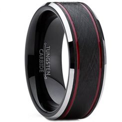 **COI Tungsten Carbide Black Red Double Grooves Beveled Edges Ring-7361AA