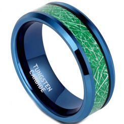 **COI Blue Tungsten Carbide Beveled Edges Ring With Green Meteorite-7362AA