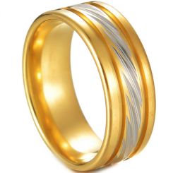 **COI Titanium Gold Tone Silver Grooves Ring-7409AA