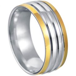 **COI Titanium Gold Tone Silver Grooves Dome Court Ring-7410AA