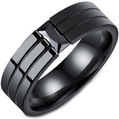 **COI Black Titanium Solitaire Grooves Ring With Cubic Zirconia-7435AA