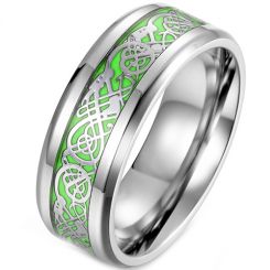 **COI Titanium Black/Gold Tone/Silver Dragon Beveled Edges Ring With Green Carbon Fiber-7441AA