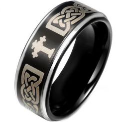 COI Tungsten Carbide Black Silver Cross Celtic Ring-TG746