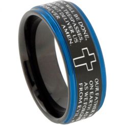**COI Tungsten Carbide Black Blue Cross Prayer Step Edges Ring-7480AA