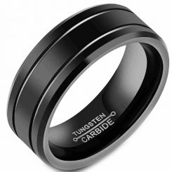 **COI Black Tungsten Carbide Double Grooves Beveled Edges Ring-7489BB
