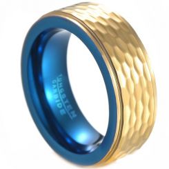**COI Tungsten Carbide Blue Gold Tone Hammered Step Edges Ring-7494AA