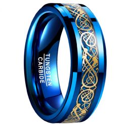 **COI Tungsten Carbide Blue Gold Tone Dragon Beveled Edges Ring-7506AA