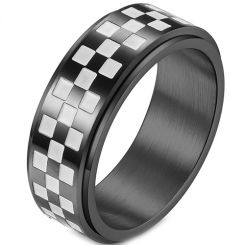 **COI Titanium Black Silver Checkered Flag Step Edges Ring-7532AA