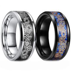 **COI Titanium Black/Silver Gears Beveled Edges Ring With Carbon Fiber-7562AA