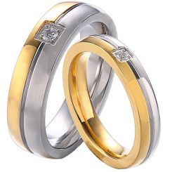 **COI Titanium Gold Tone Silver Couple Wedding Band Ring With Cubic Zirconia-7595AA