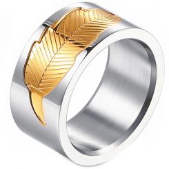 **COI Titanium Gold Tone Silver Leaf Pipe Cut Flat Ring-7598AA