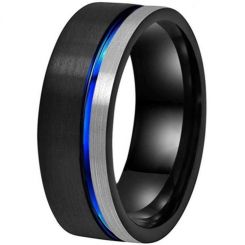 **COI Tungsten Carbide Black Blue Silver Offset Groove Pipe Cut Flat Ring-7599AA