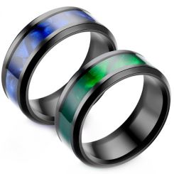 **COI Black Titanium Beveled Edges Ring With Green/Blue Camo-7619AA
