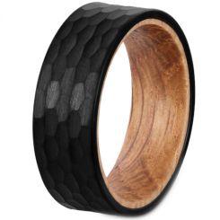 **COI Black Tungsten Carbide Hammered Ring With Wood-7660AA